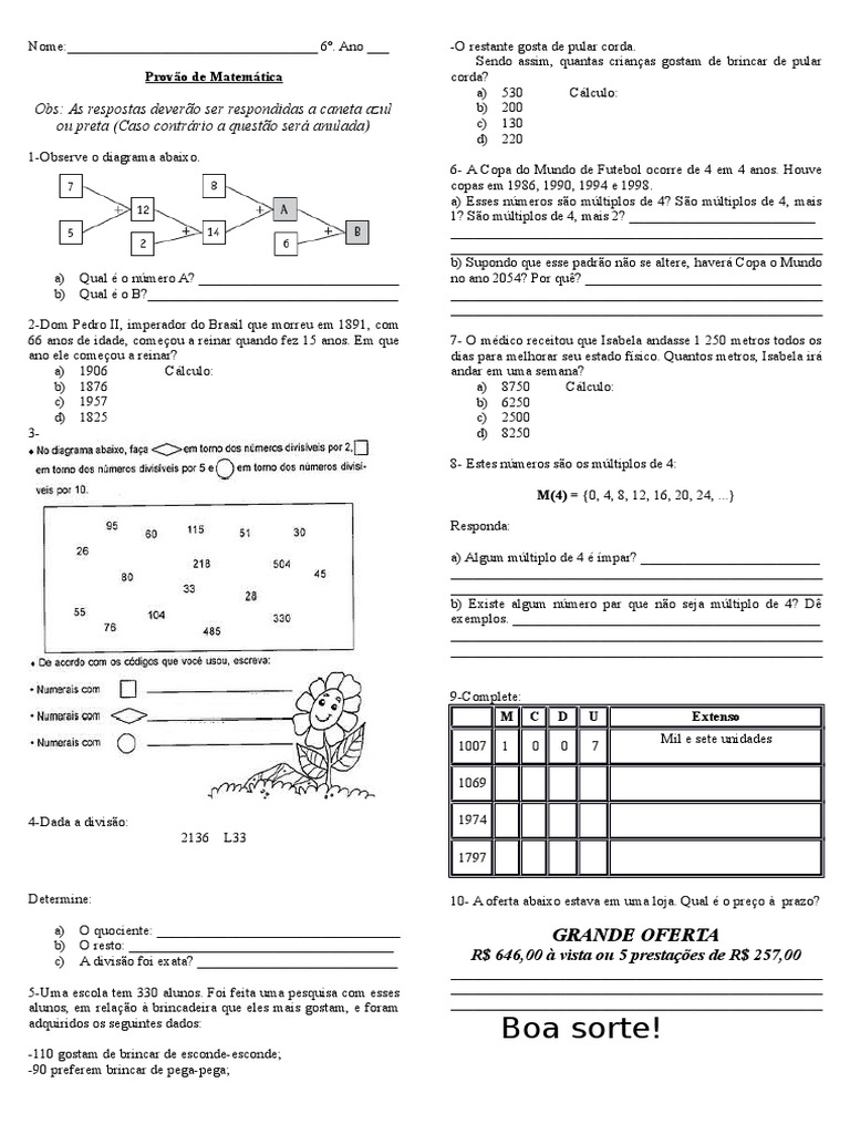 Quiz de Matemática 6º Ano #4  Operações de Matemática do 6º
