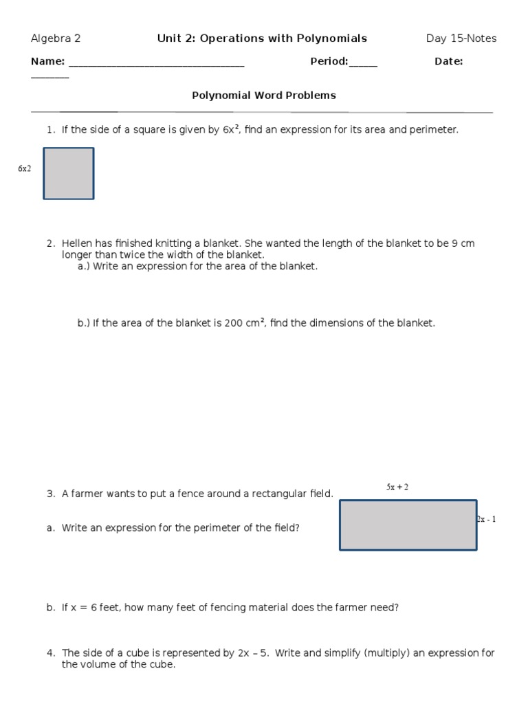 Polynomial Word Problems Worksheet  PDF  Area  Field (Mathematics) For Algebra Word Problems Worksheet Pdf