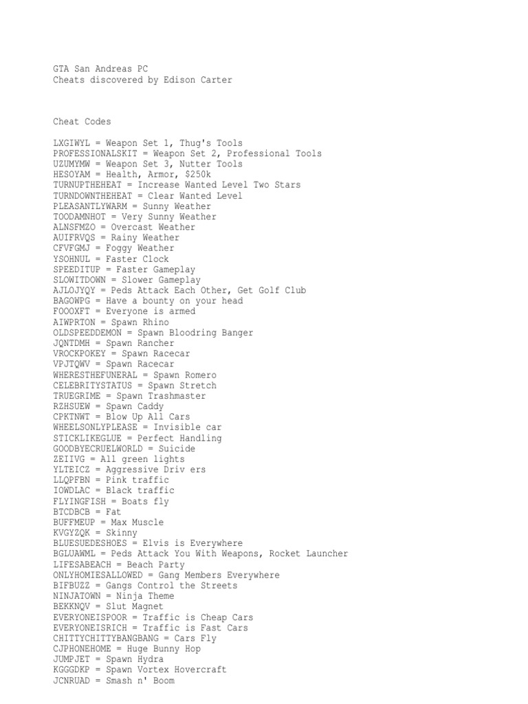 читы gta san andreas playstation