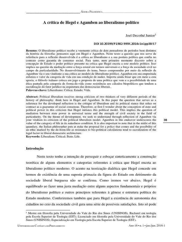A Crítica De Hegel E Agamben Ao Liberalismo Político Pdf Georg