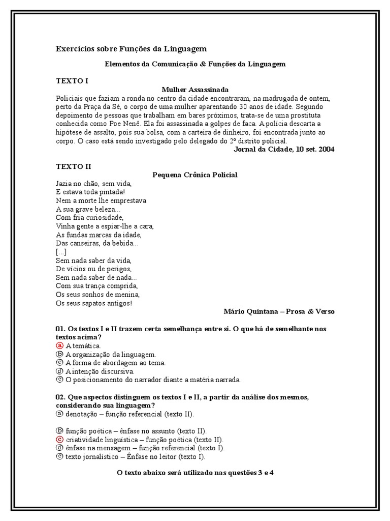 Exercícios sobre Funções da Linguagem | PDF