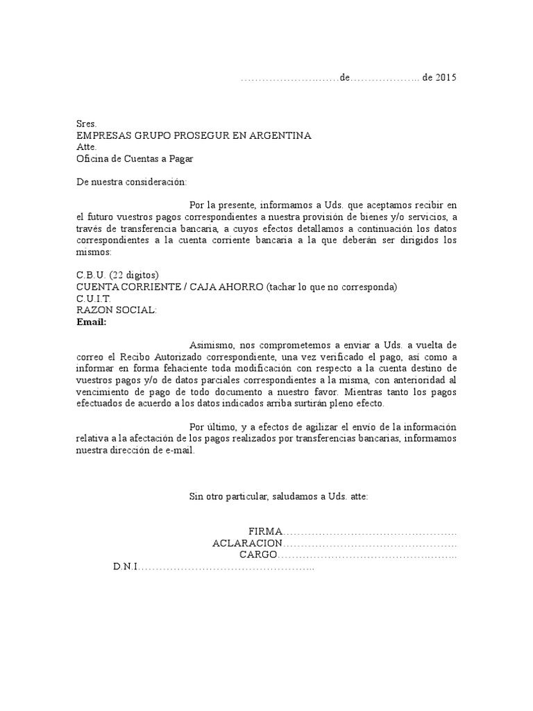 Carta De Proveedores Informando CBU PDF