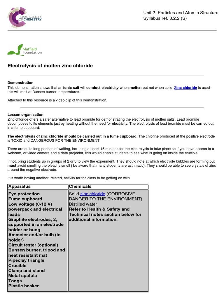 Electrolysis of Molten Zinc Chloride PDF Zinc Chlorine