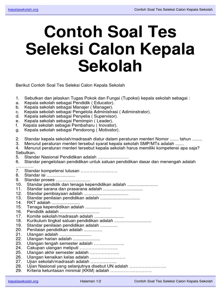 Download Contoh Soal Tes Seleksi Calon Kepala Sekolah Kepalasekolah Org