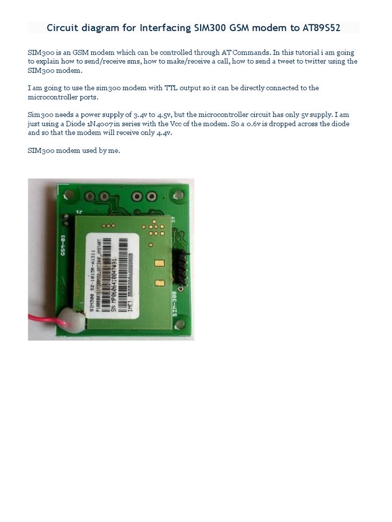 Circuit Diagram For Interfacing SIM300 GSM Modem To AT89S52 PDF