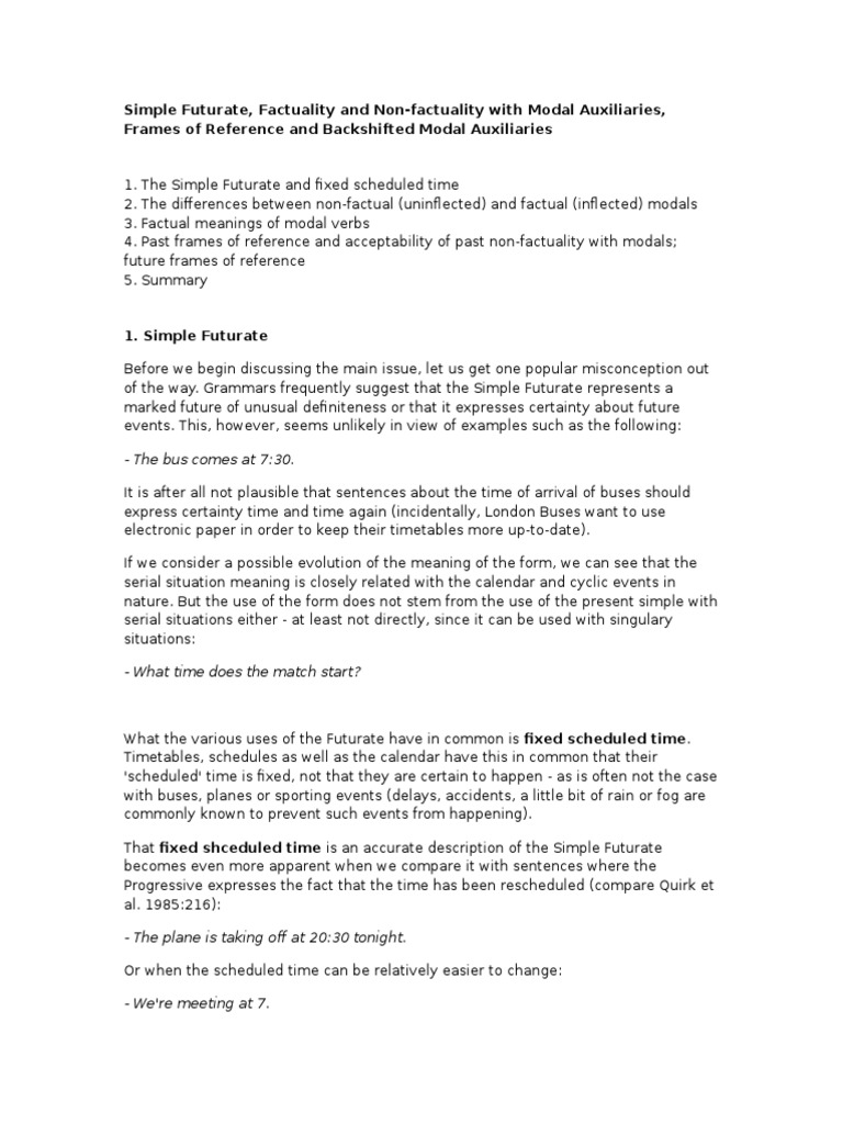 Simple Futurate Factuality And Non Factuality With Modal Verbs Frames