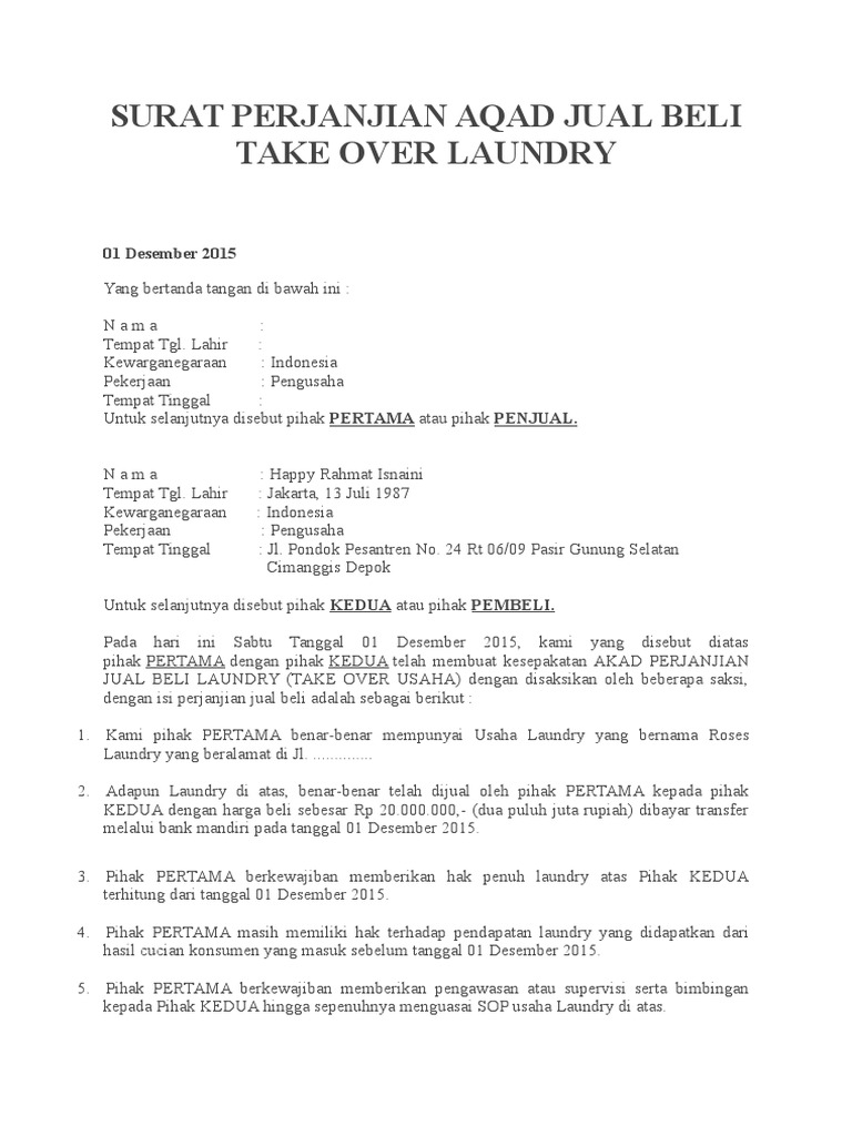 Surat Perjanjian Aqad Jual Beli Take Over Laundry