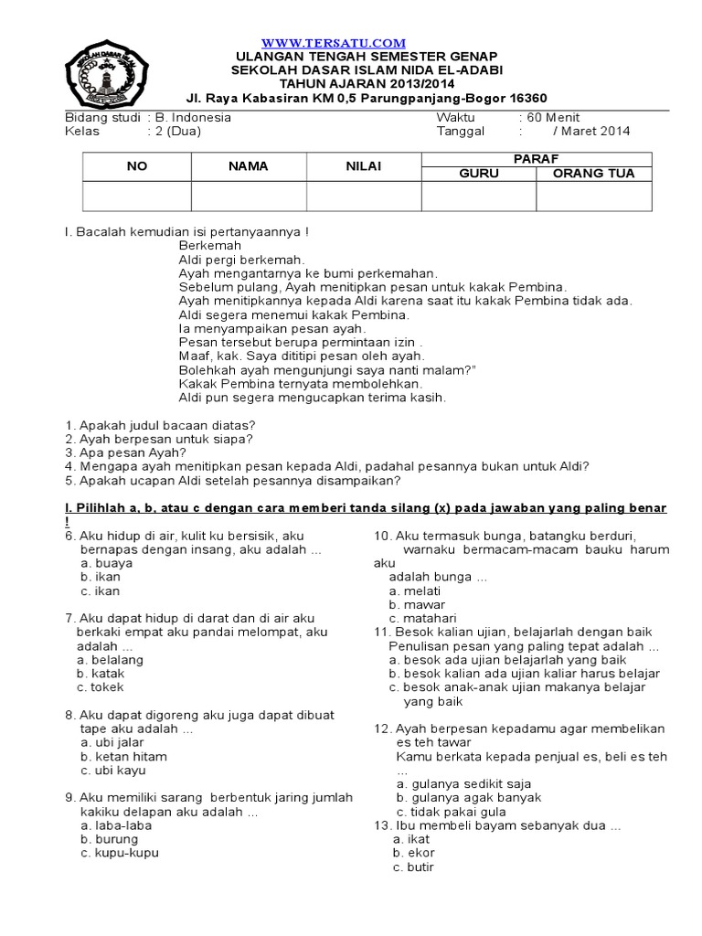 Soal Uts Bhs Indonesia Kls 2 Semester 2