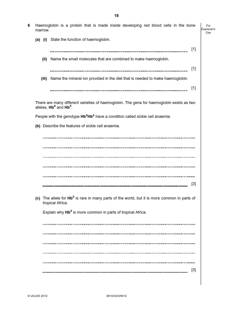 Sickle Cell Anemia Exam Questions | PDF | Science & Mathematics