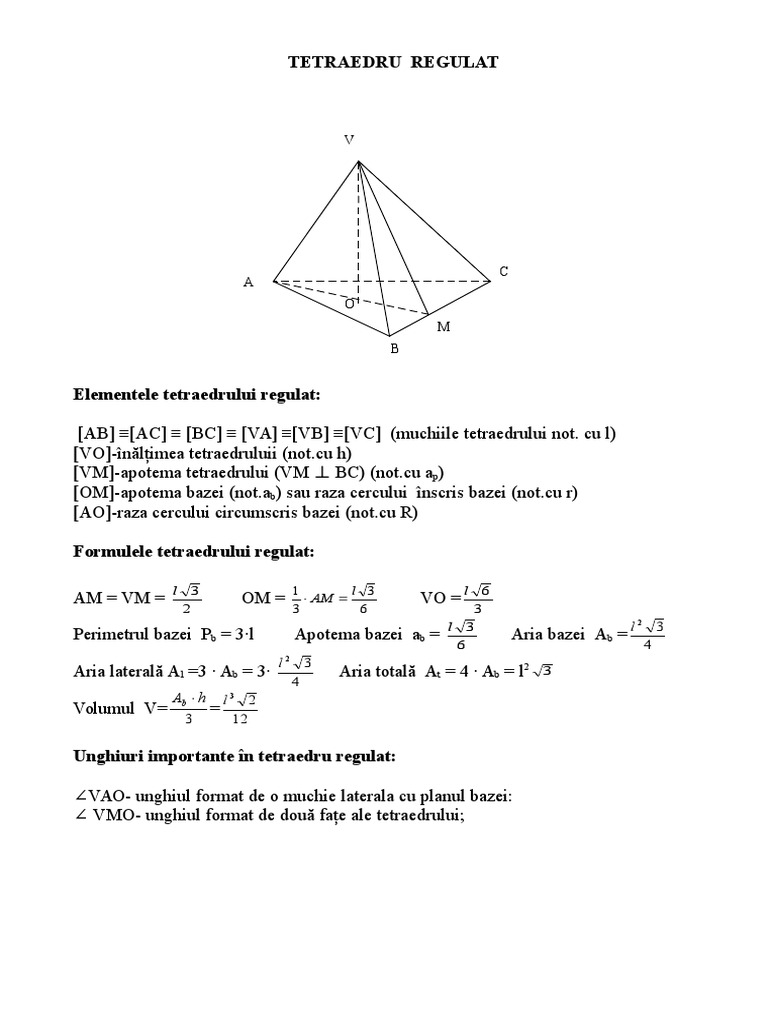 Tetraedru Regulat Formule Tetraedru Regulat