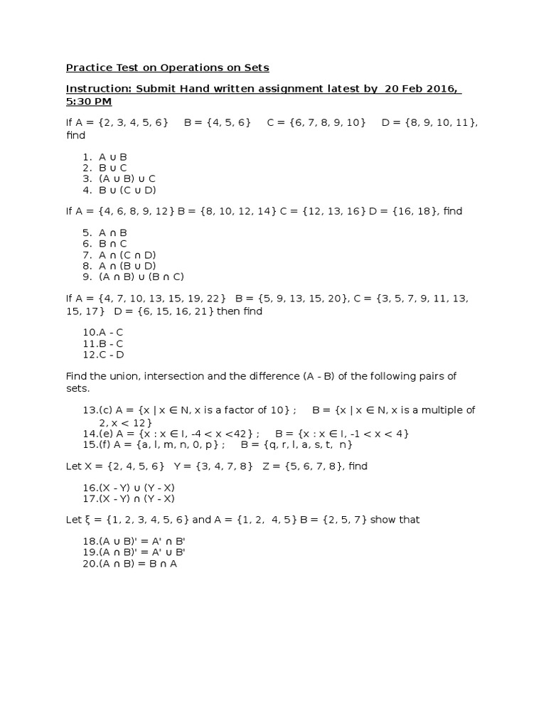 Set Operations Practice Test | PDF | Teaching Methods & Materials ...