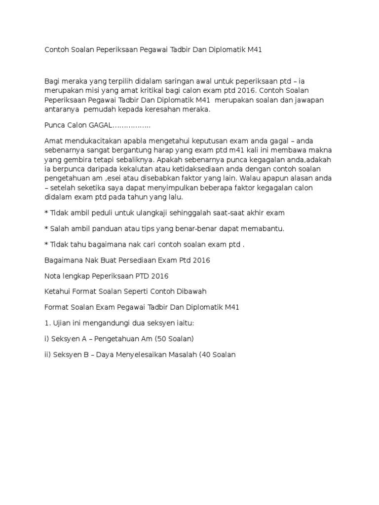 Contoh Soalan Peperiksaan Pegawai Tadbir Dan Diplomatik M41 Pdf