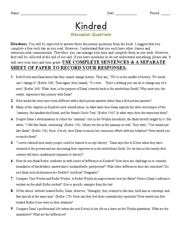 kindred discussion questions Psychology & Cognitive Science