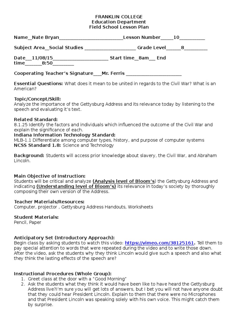Gettysburg Address Lesson Plan Lesson Plan Cognitive Science