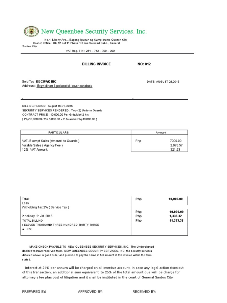 Security Services Invoice - Aug 2015 | PDF