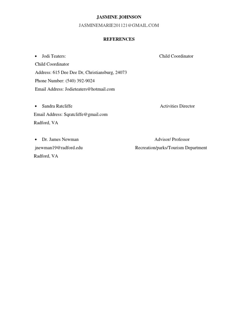 Professional References for Jasmine Johnson | PDF | Sports & Recreation ...