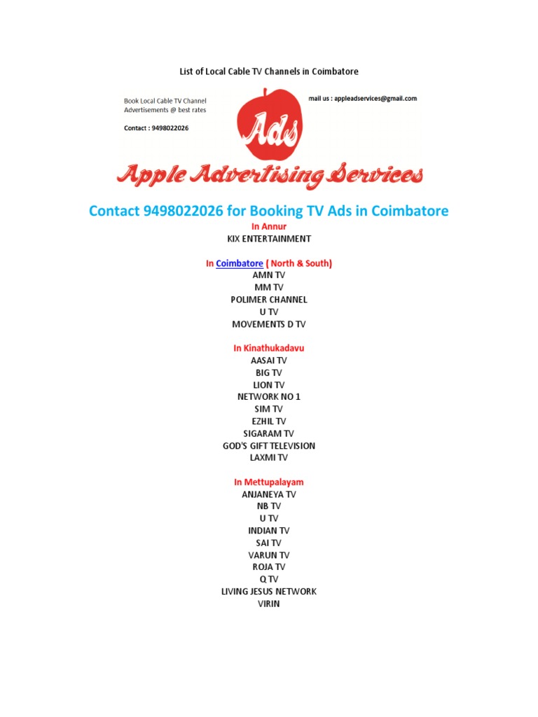 List of Local Cable TV Channels in Coimbatore PDF Cable Television Advertising