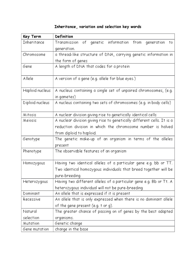 Key Terms in Inheritance and Variation | PDF | Science & Mathematics