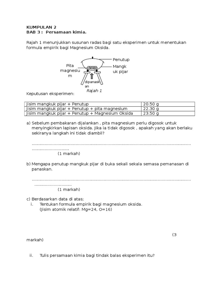Kumpulan 2 Soalan Kbat Persamaan Kimia Pdf