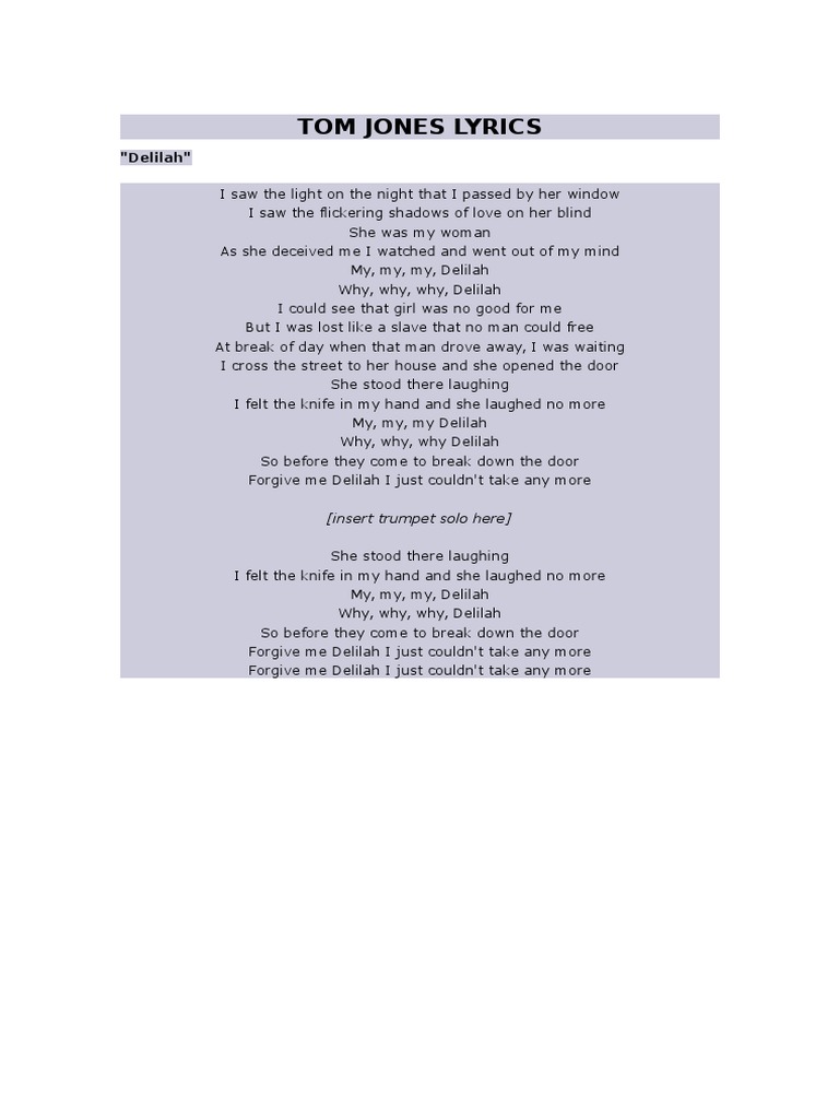 Tom Jones Lyrics PDF