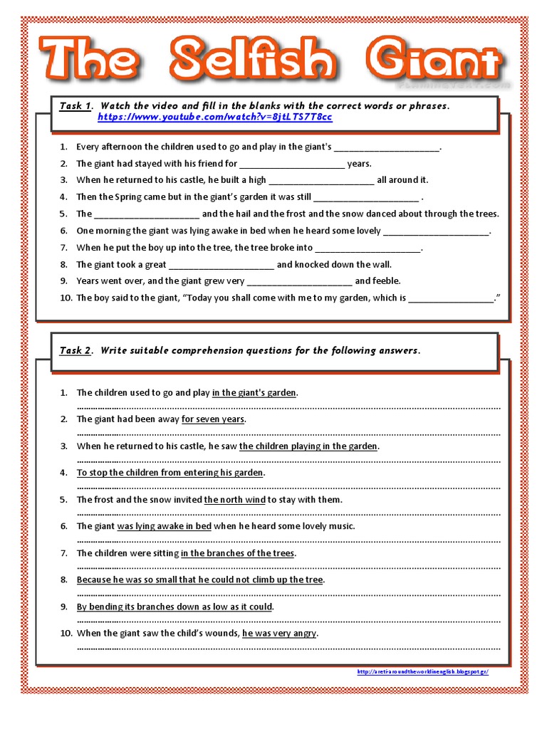 The Selfish Giant: Comprehension Activities | PDF | The Happy Prince ...