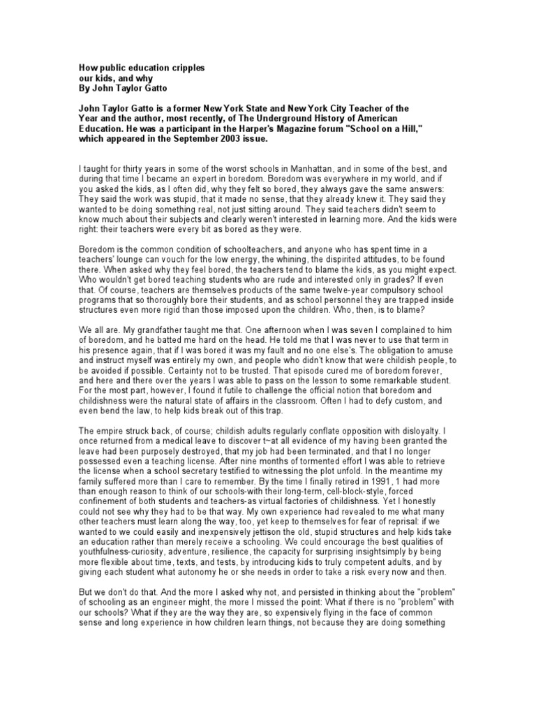 When does gatto introduce his thesis in this essay and why does he postpone it so long picture