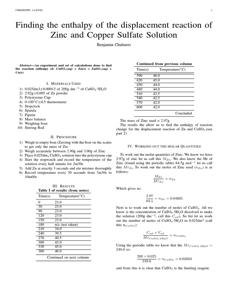 Finding the enthalpy of the displacement reaction of Zinc and Copper Sulfate Solution Zinc