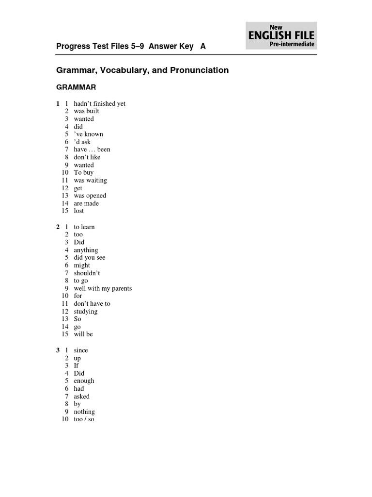 Nef Preint Progresstest 59 Answerkey PDF Question Vocabulary