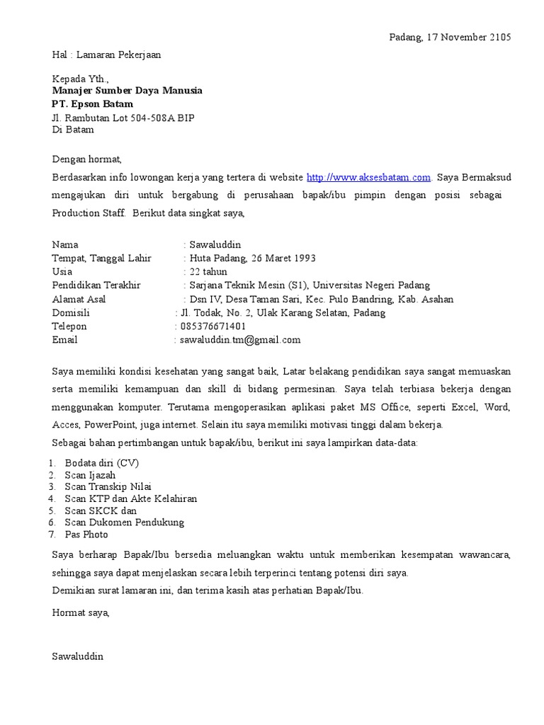 Surat Lamaran Di Pt Epson Batam