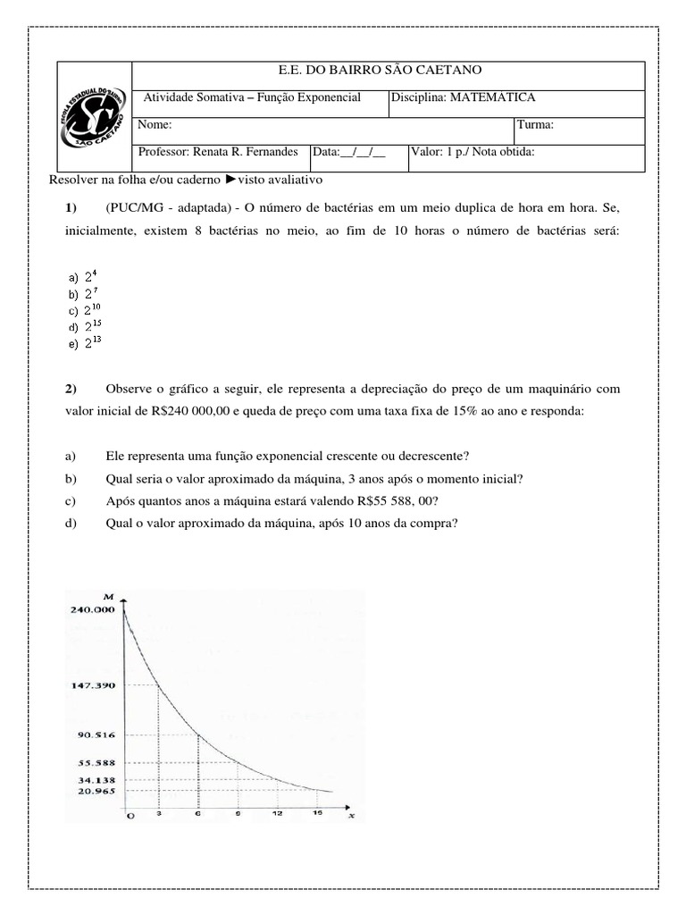 Atividade Somativa: Função Exponencial | PDF, image size:768x1024