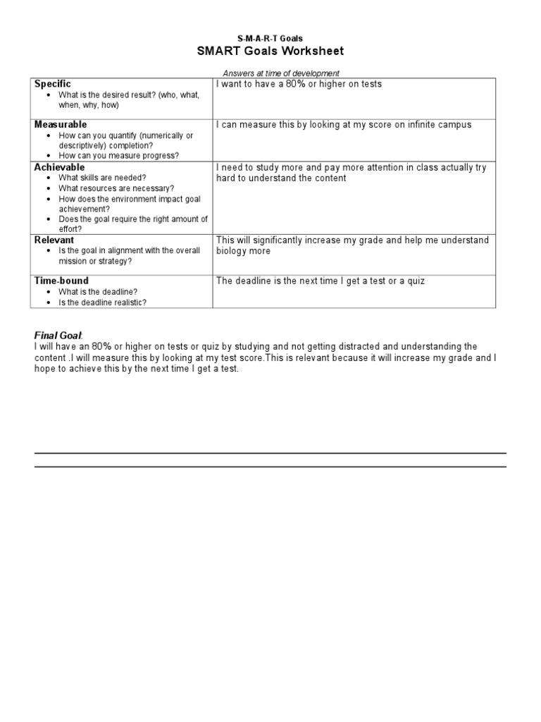 SMART Goals Worksheet for Academic Success | PDF | Career & Growth