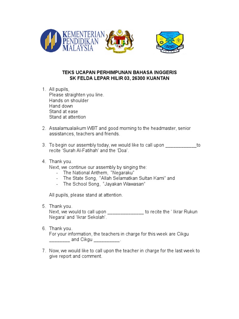 Teks Ucapan Perhimpunan Bahasa Inggeris Pdf