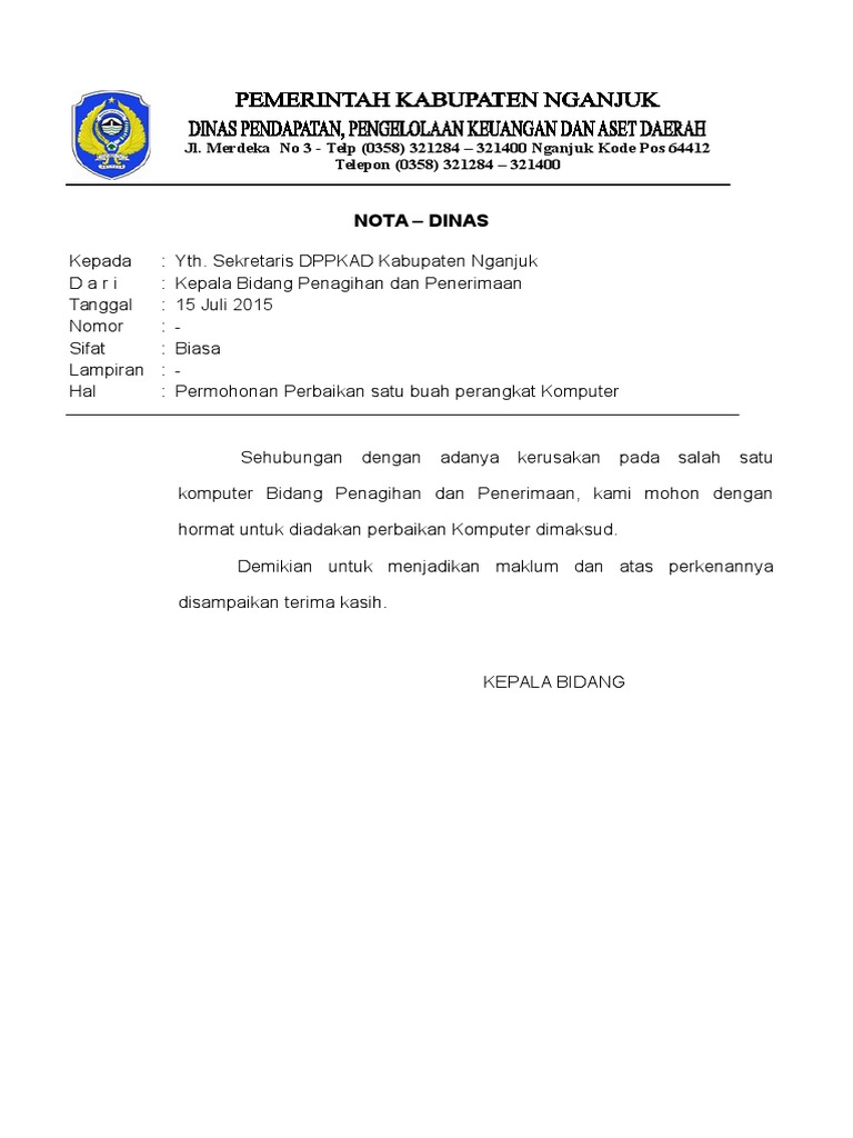 Contoh Nota Dinas Permohonan Perbaikan | PDF | Bisnis | Pengelolaan ...