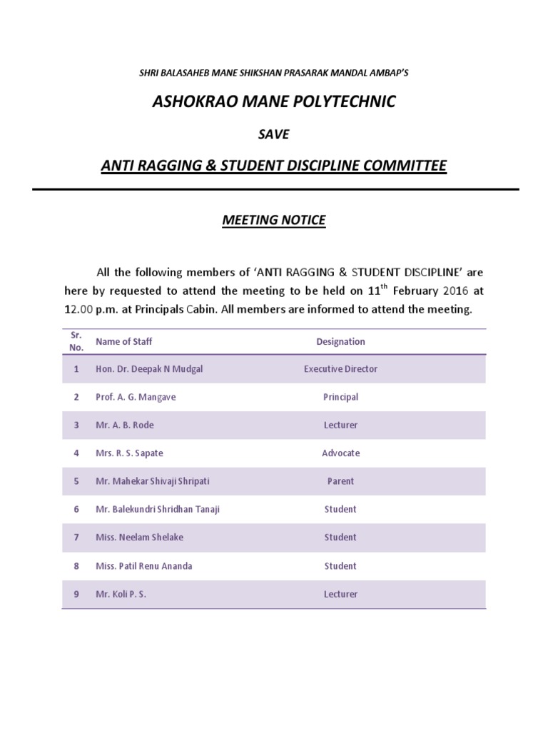 Anti-Ragging Committee Meeting Notice | PDF