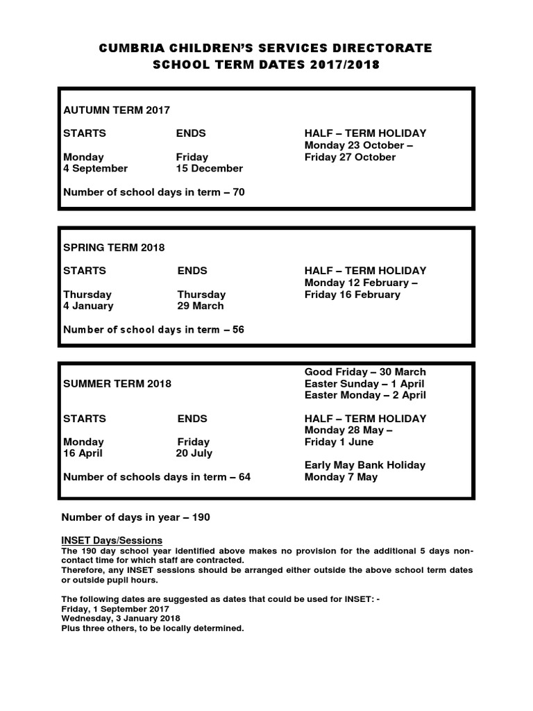 Cumbria County Council Term Dates 2017 2018 Academic Term Easter