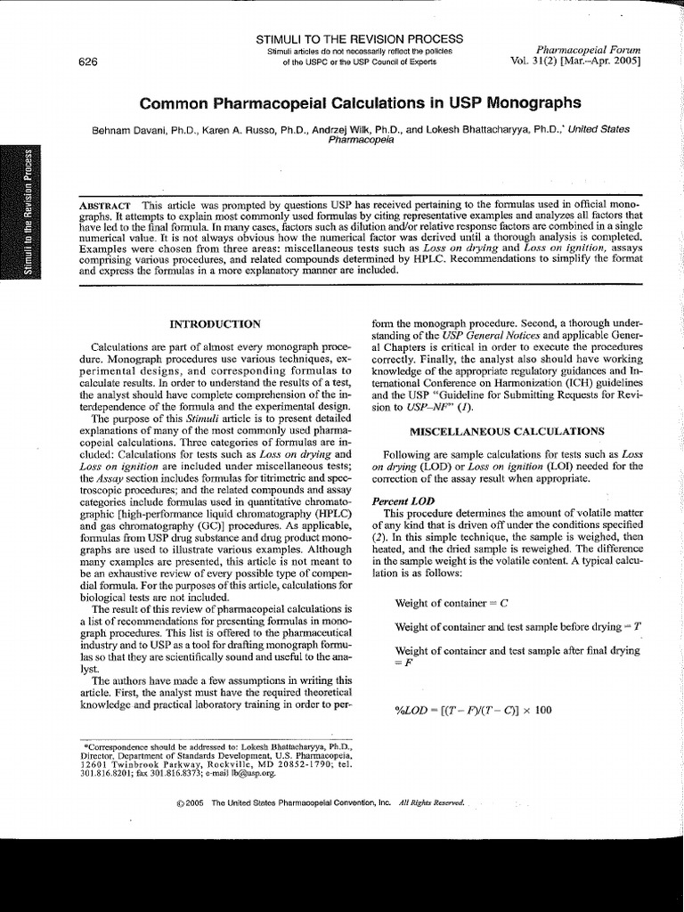 Common Pharmacopeial Calculations USP | PDF