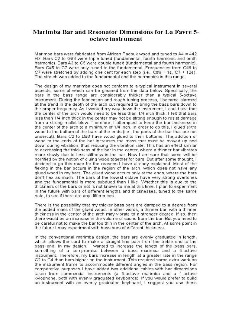 Marimba Bar and Resonator Dimensions PDF Harmonic Musical Instruments