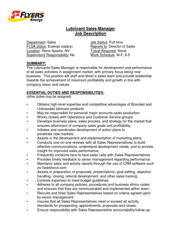 Lubricant Sales Manager Job Description Summary PDF Sales Disability