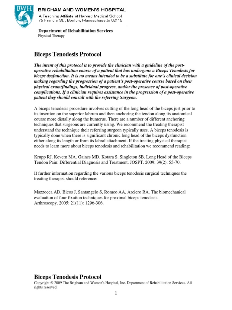 Biceps Tenodesis Protocol 2009 Anatomical Terms Of