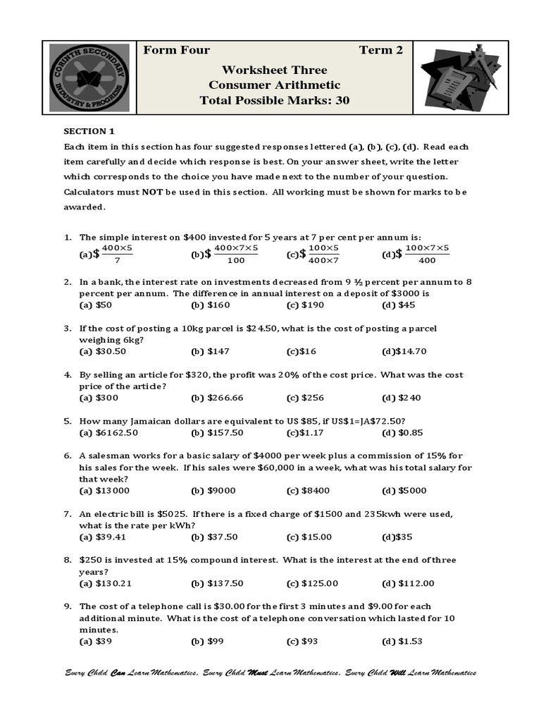 Form Four Term Two Worksheet Three Consumer Arithmetic.pdf | United
