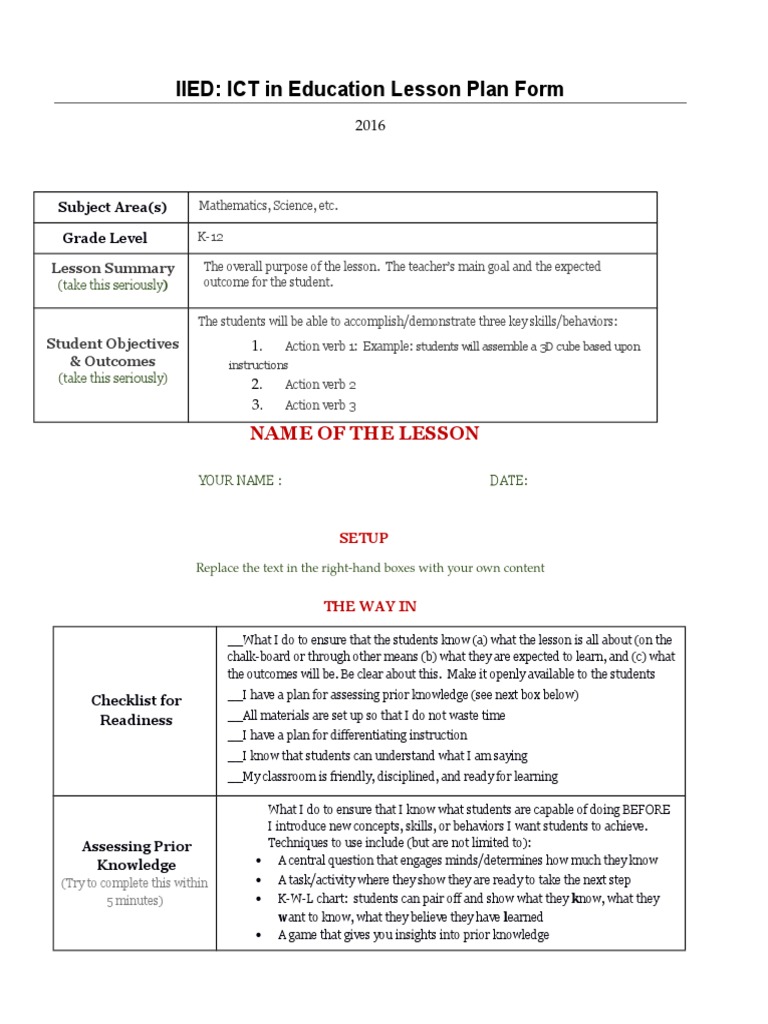 IIED: ICT in Education Lesson Plan Form: Name of The Lesson | PDF ...