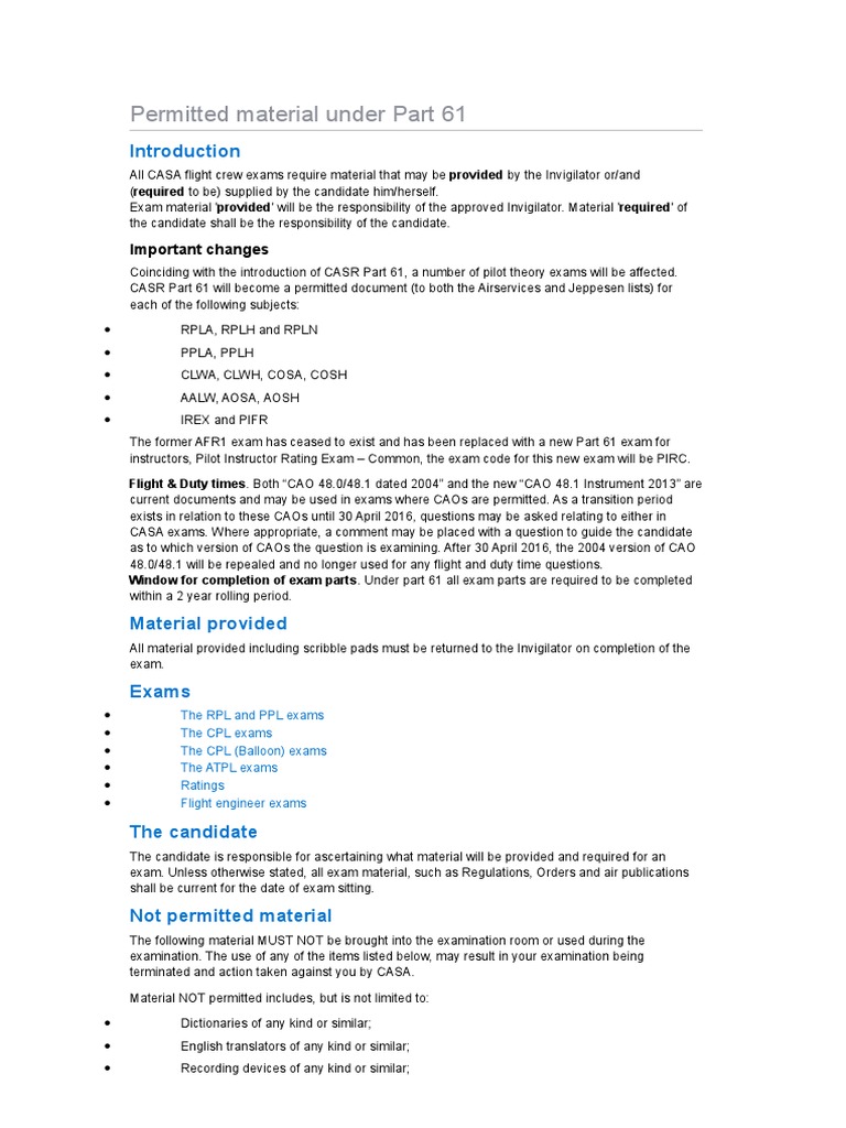 CASA Part 61 Exam Permitted Materials | PDF | Instrument Flight Rules ...