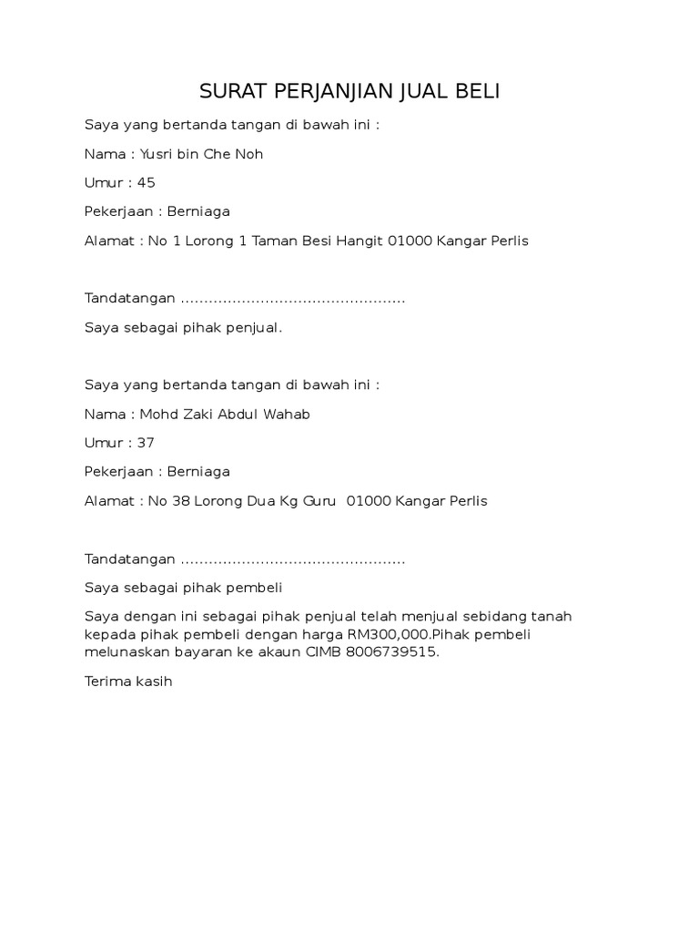 Contoh Surat Perjanjian Jual Beli Pdf