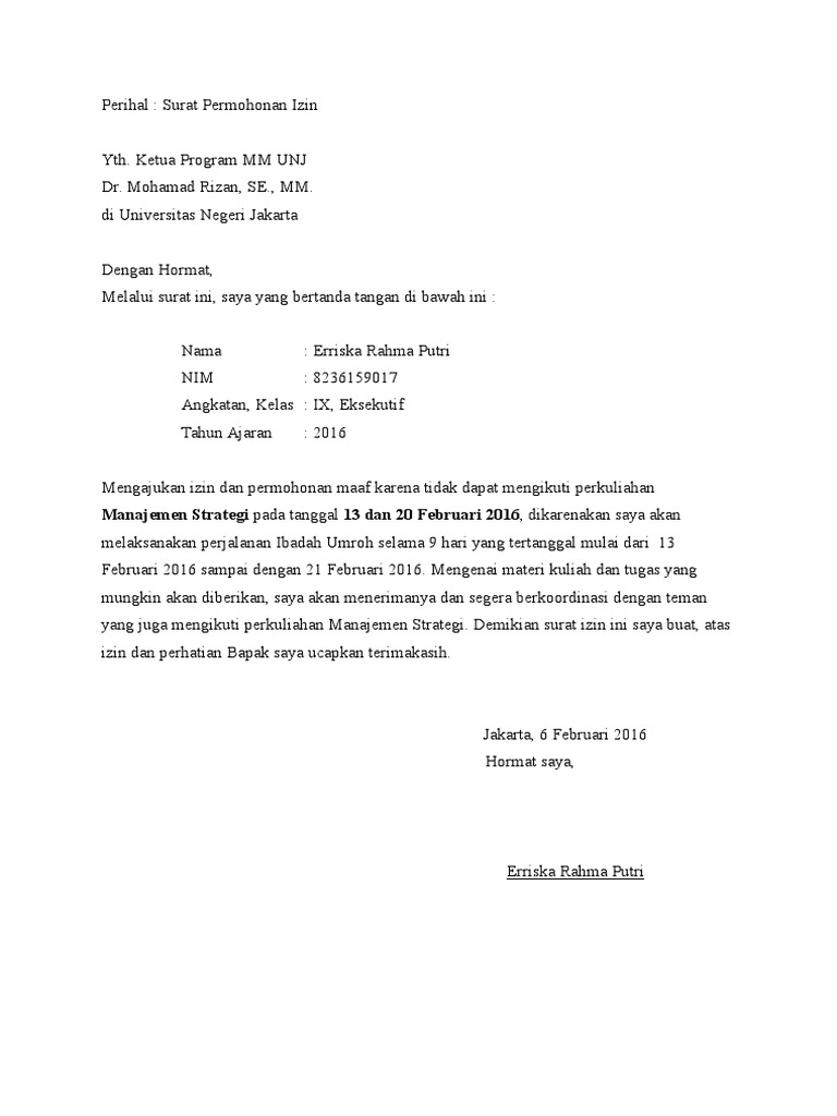 Contoh Surat Izin Kuliah  PDF