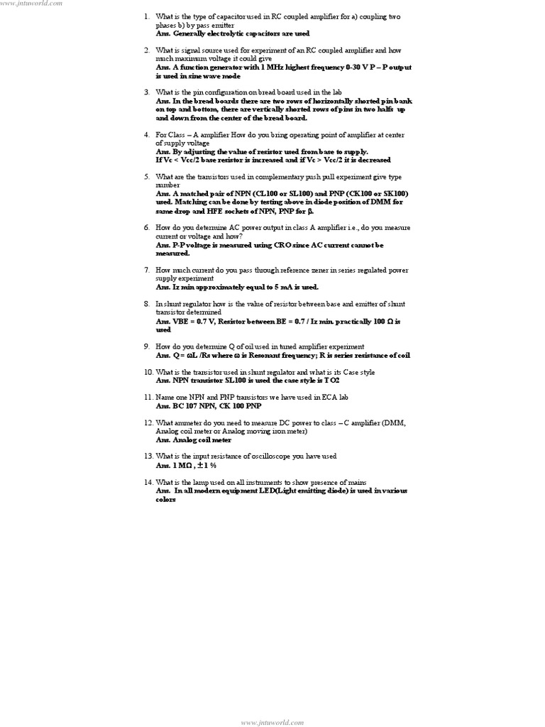ECA VIVA Questions PDF Bipolar Junction Transistor Amplifier