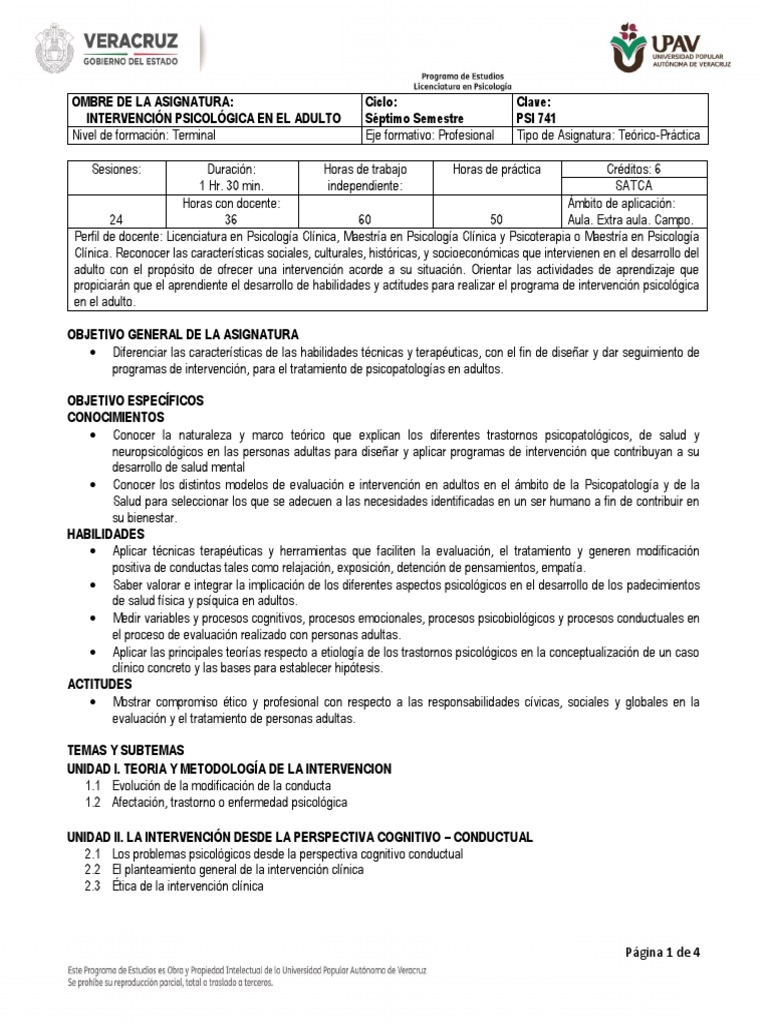 Plan de Intervención Psicológica en Adultos | PDF | Psicoterapia ...