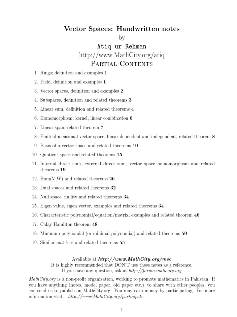 Handwritten Notes on Vector Spaces | PDF | Linear Algebra | Linear Map