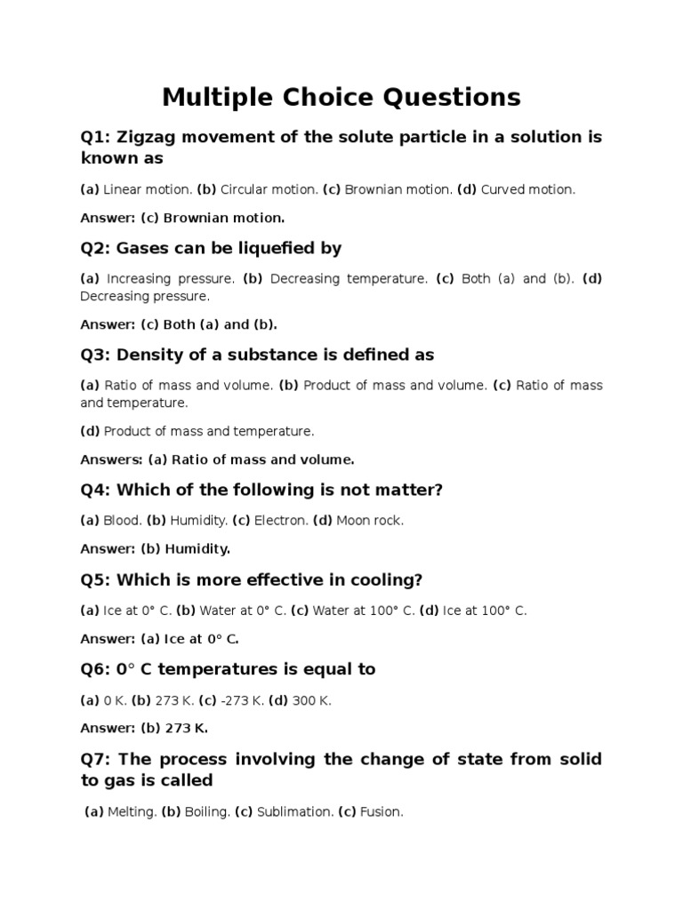 Mcq Cbse 9 Chapter 1 Science Pdf Liquids Evaporation
