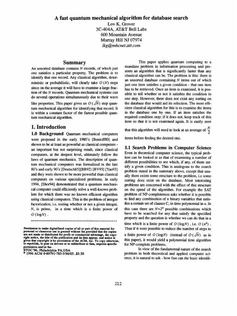 A Fast Quantum Mechanical Algorithm For Database Search | PDF | Quantum ...