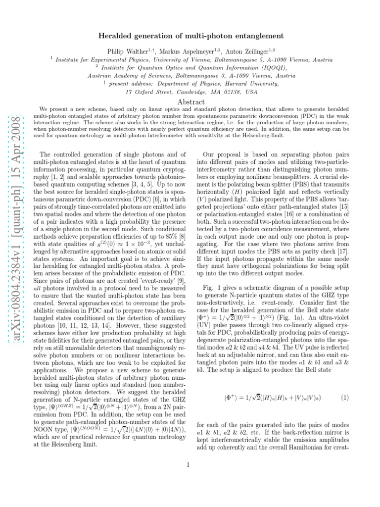 Quantum Multi-Photon Entanglement | PDF | Photon | Interferometry